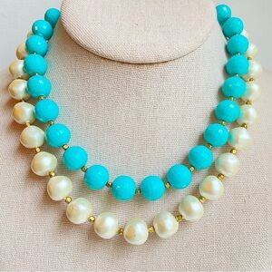 Vintage Laguna double layer necklace with faux pearls and faceted aqua beads